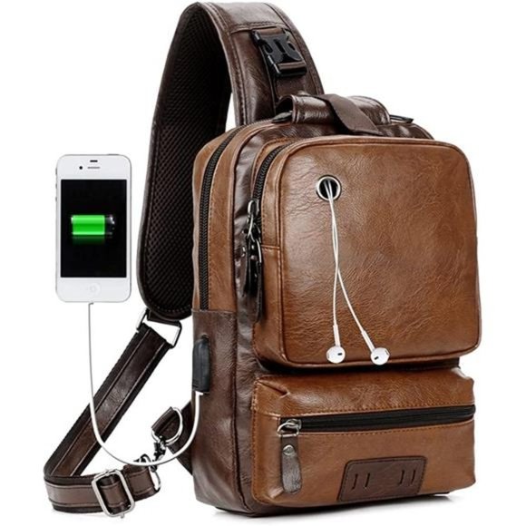 Brown Leather Sling Backpack with USB port